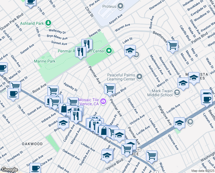map of restaurants, bars, coffee shops, grocery stores, and more near 1740 Penmar Avenue in Los Angeles