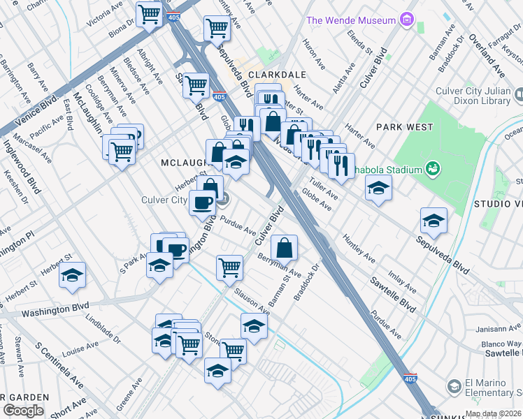 map of restaurants, bars, coffee shops, grocery stores, and more near 11355 Culver Boulevard in Los Angeles