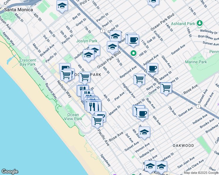 map of restaurants, bars, coffee shops, grocery stores, and more near 504 Ashland Avenue in Santa Monica