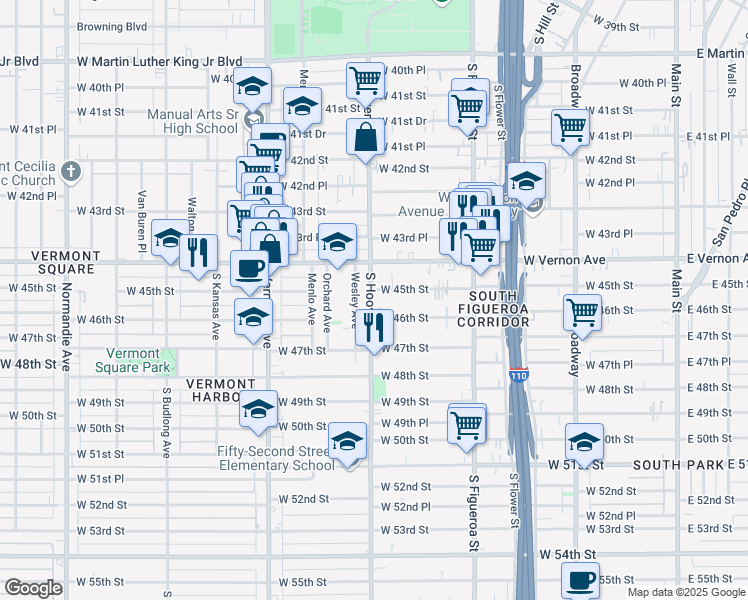 map of restaurants, bars, coffee shops, grocery stores, and more near 4504 South Hoover Street in Los Angeles
