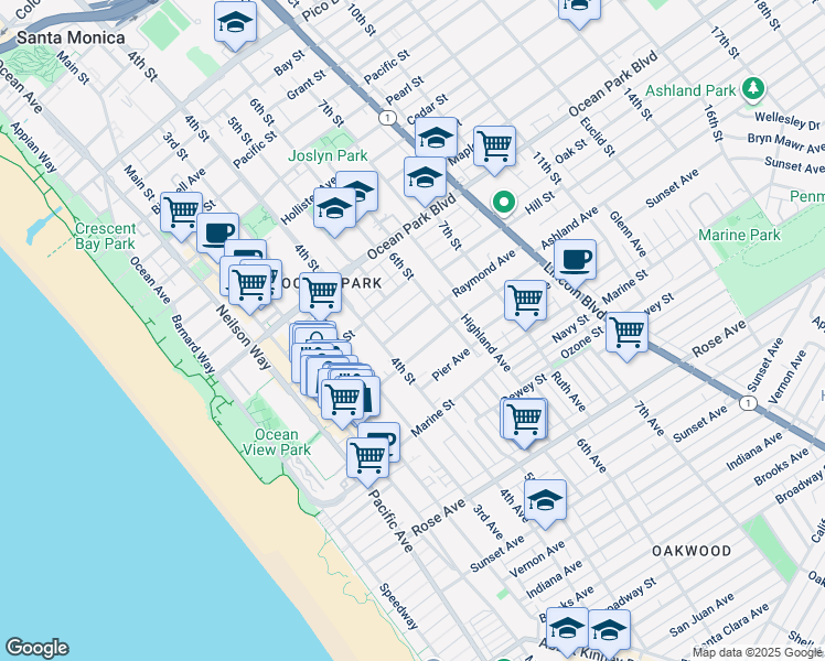 map of restaurants, bars, coffee shops, grocery stores, and more near 440 Raymond Avenue in Santa Monica