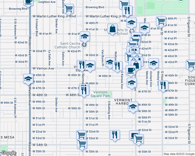 map of restaurants, bars, coffee shops, grocery stores, and more near 1256 West 45th Street in Los Angeles