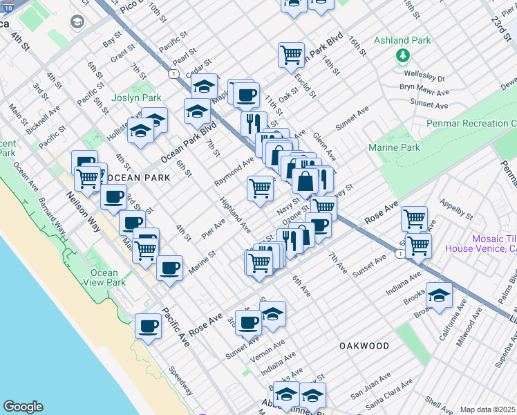 map of restaurants, bars, coffee shops, grocery stores, and more near 667 Marine Street in Santa Monica