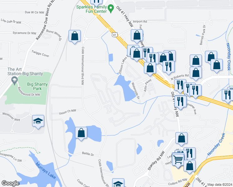 map of restaurants, bars, coffee shops, grocery stores, and more near 2003 Lakeshore Overlook Circle Northwest in Kennesaw