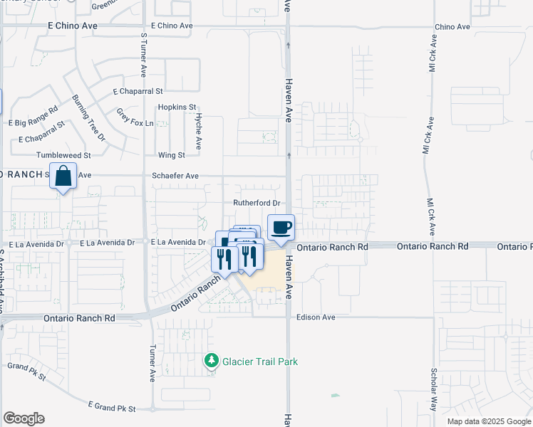 map of restaurants, bars, coffee shops, grocery stores, and more near 3931 Mondavi Way in Ontario