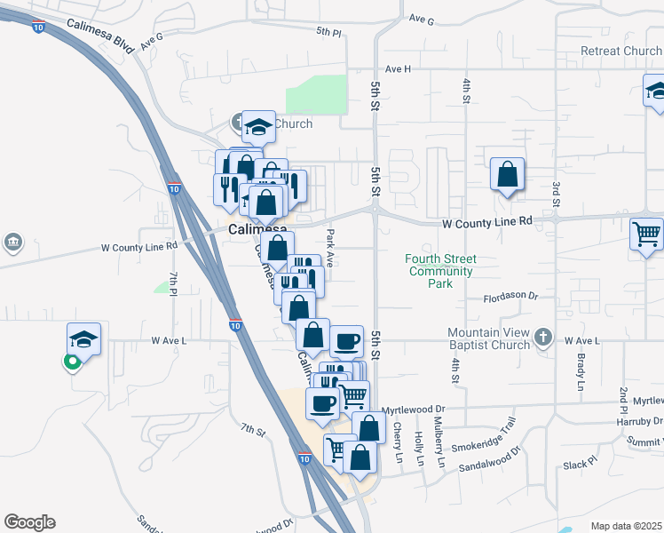 map of restaurants, bars, coffee shops, grocery stores, and more near 992 Park Avenue in Calimesa