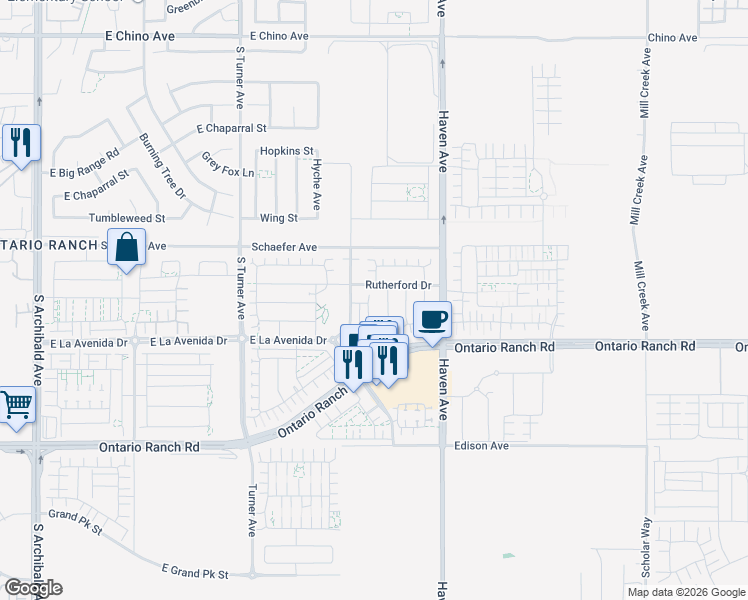 map of restaurants, bars, coffee shops, grocery stores, and more near 3967 Trinitas Way in Ontario