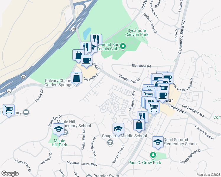 map of restaurants, bars, coffee shops, grocery stores, and more near 1251 Porto Grande Drive in Diamond Bar