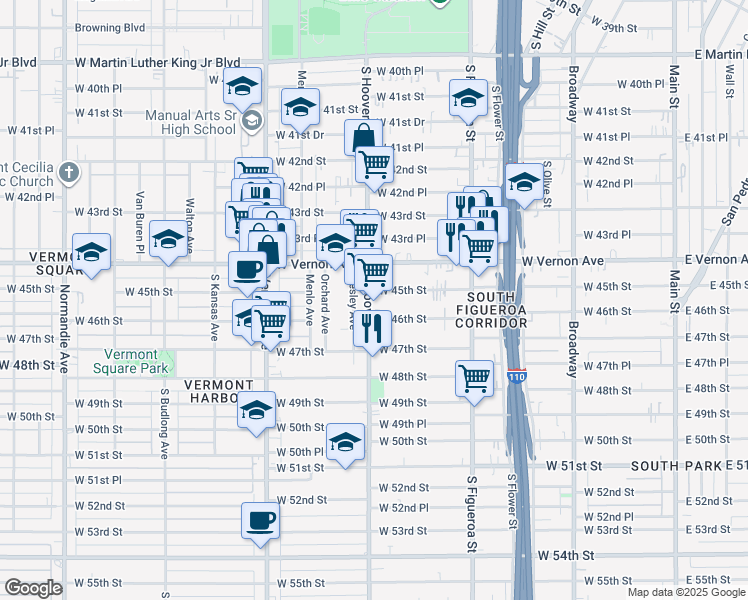 map of restaurants, bars, coffee shops, grocery stores, and more near 4530 South Hoover Street in Los Angeles