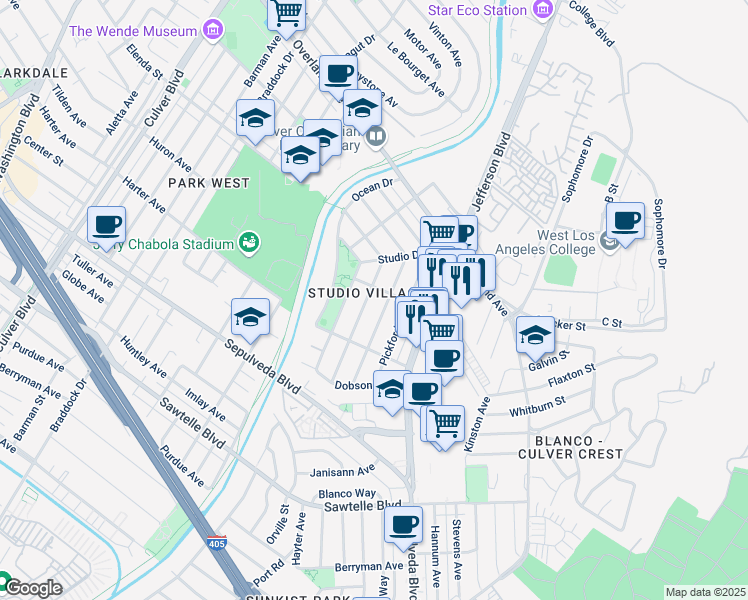 map of restaurants, bars, coffee shops, grocery stores, and more near 10926 Fairbanks Way in Culver City