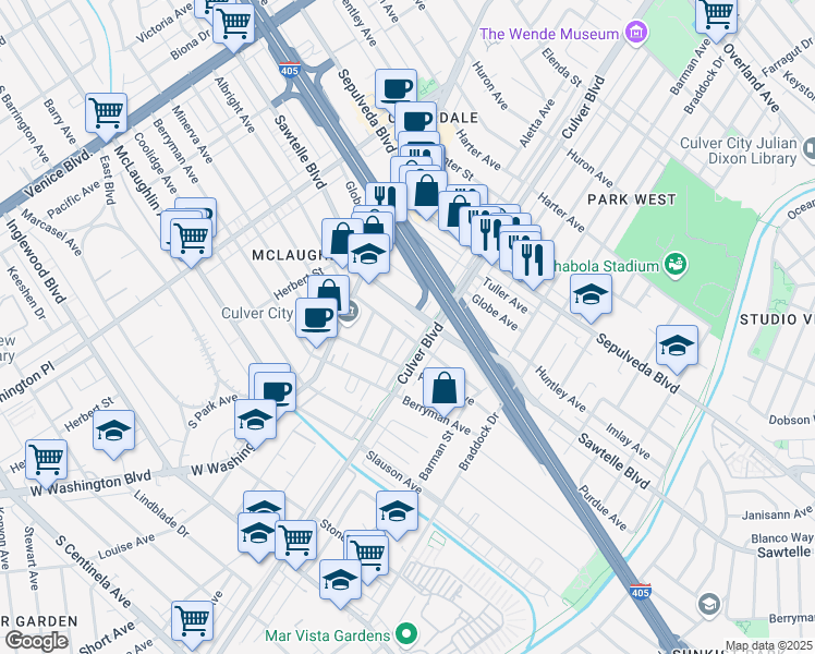map of restaurants, bars, coffee shops, grocery stores, and more near 11355 Culver Boulevard in Los Angeles
