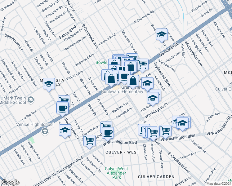 map of restaurants, bars, coffee shops, grocery stores, and more near 12444 Pacific Avenue in Los Angeles