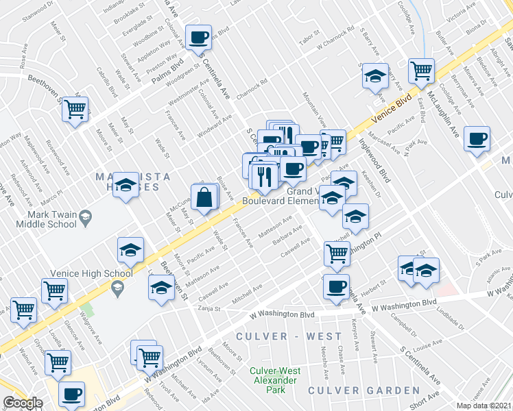 map of restaurants, bars, coffee shops, grocery stores, and more near 12518 Venice Boulevard in Los Angeles