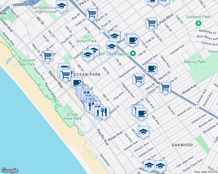 map of restaurants, bars, coffee shops, grocery stores, and more near 504 Ashland Avenue in Santa Monica