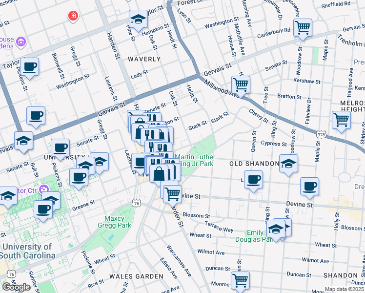 map of restaurants, bars, coffee shops, grocery stores, and more near 2208 College Street in Columbia