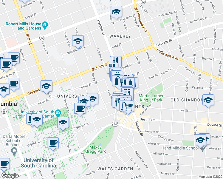 map of restaurants, bars, coffee shops, grocery stores, and more near 924 Laurens Street in Columbia