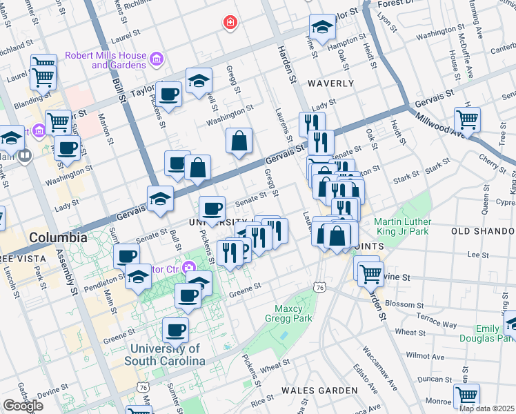 map of restaurants, bars, coffee shops, grocery stores, and more near 1006 Barnwell Street in Columbia