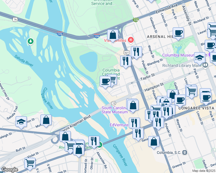 map of restaurants, bars, coffee shops, grocery stores, and more near 338a Taylor Street in Columbia