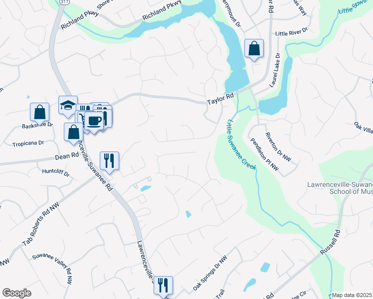 map of restaurants, bars, coffee shops, grocery stores, and more near 250 Allatoona Road in Lawrenceville