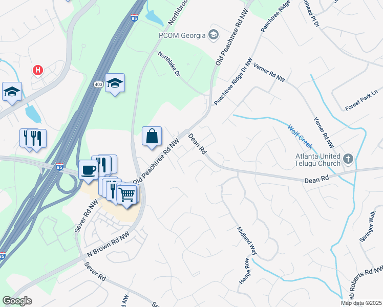 map of restaurants, bars, coffee shops, grocery stores, and more near 1378 Penhurst Drive in Lawrenceville