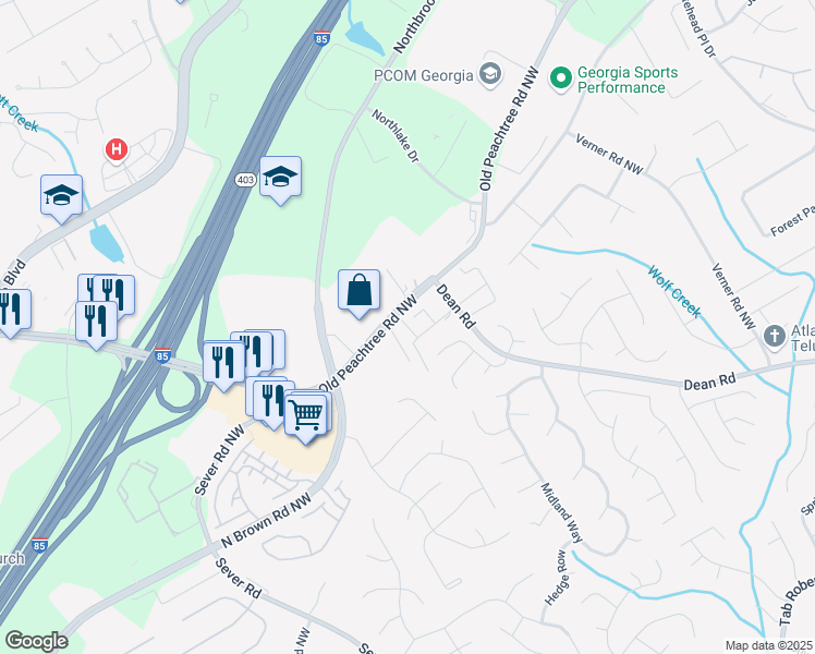 map of restaurants, bars, coffee shops, grocery stores, and more near 2723 Heathrow Drive in Lawrenceville