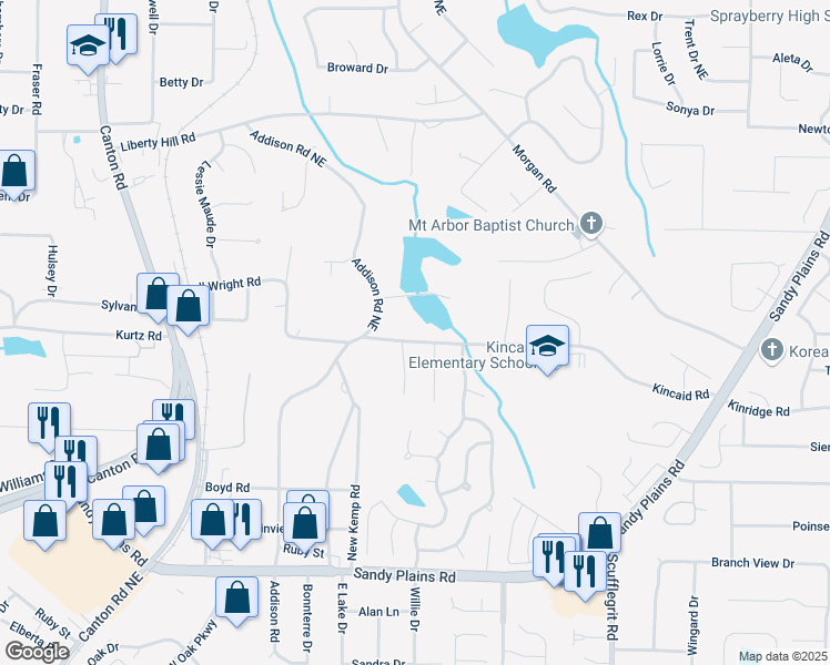 map of restaurants, bars, coffee shops, grocery stores, and more near 1255 Kincaid Road in Marietta
