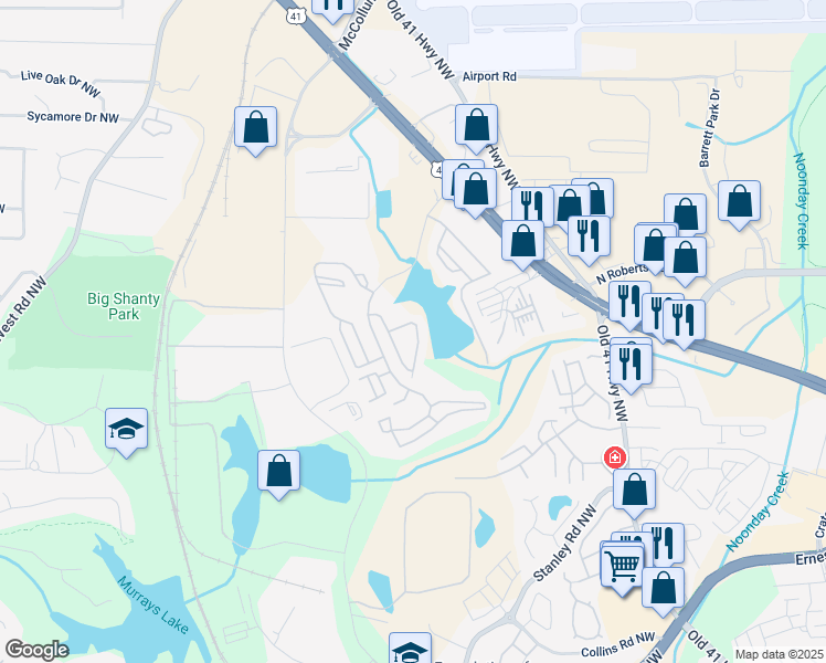 map of restaurants, bars, coffee shops, grocery stores, and more near 1963 Lakeshore Overlook Circle Northwest in Kennesaw