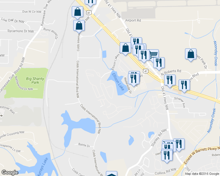 map of restaurants, bars, coffee shops, grocery stores, and more near 2003 Lakeshore Overlook Circle Northwest in Kennesaw
