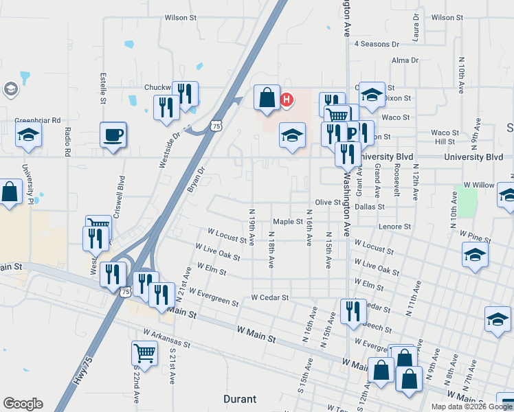 map of restaurants, bars, coffee shops, grocery stores, and more near 1822 Maple Street in Durant