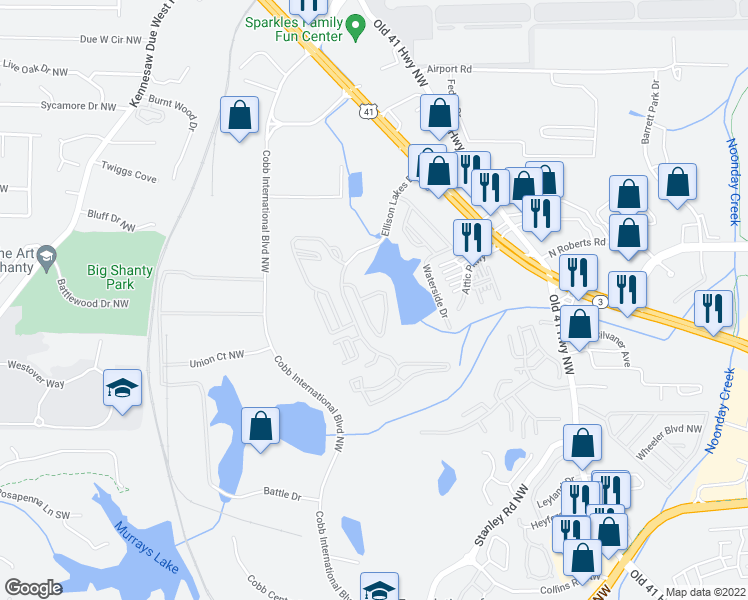 map of restaurants, bars, coffee shops, grocery stores, and more near 2003 Lakeshore Overlook Drive in Kennesaw