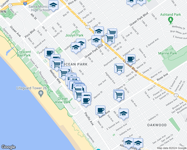 map of restaurants, bars, coffee shops, grocery stores, and more near in Santa Monica