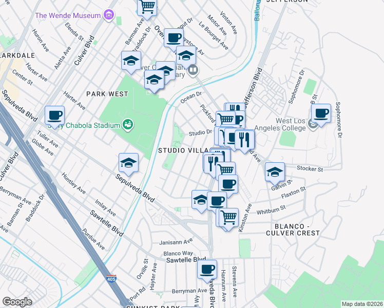 map of restaurants, bars, coffee shops, grocery stores, and more near 10926 Fairbanks Way in Culver City