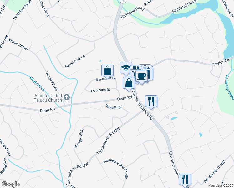 map of restaurants, bars, coffee shops, grocery stores, and more near 717 Dean Road in Suwanee