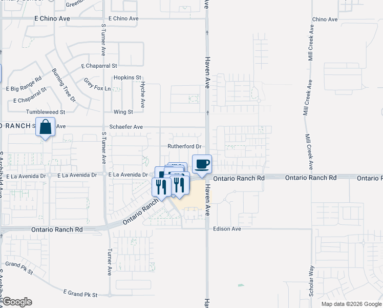 map of restaurants, bars, coffee shops, grocery stores, and more near 3931 Mondavi Way in Ontario