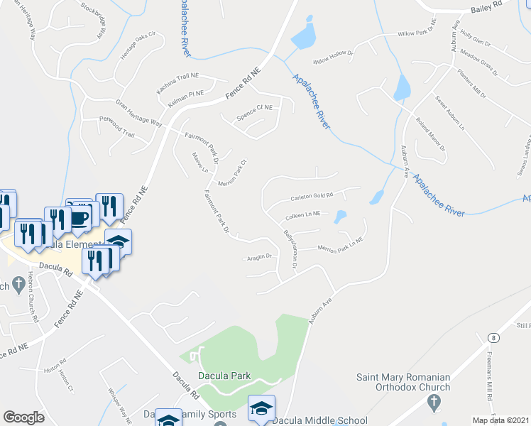 map of restaurants, bars, coffee shops, grocery stores, and more near Ballyshannon Dr & Carleton Gold Rd NE in Dacula