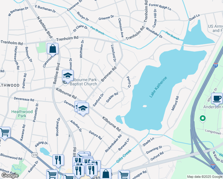 map of restaurants, bars, coffee shops, grocery stores, and more near 1345 Sinkler Road in Columbia
