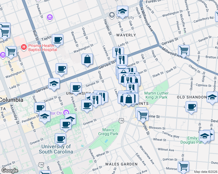 map of restaurants, bars, coffee shops, grocery stores, and more near in Columbia