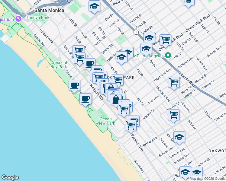 map of restaurants, bars, coffee shops, grocery stores, and more near 2601 2nd Street in Santa Monica