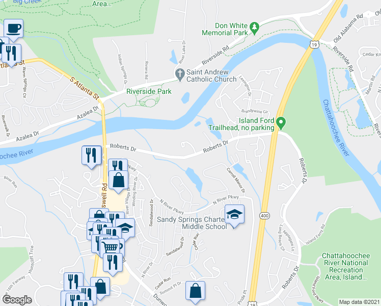 map of restaurants, bars, coffee shops, grocery stores, and more near 6 Serendipity Way in Sandy Springs
