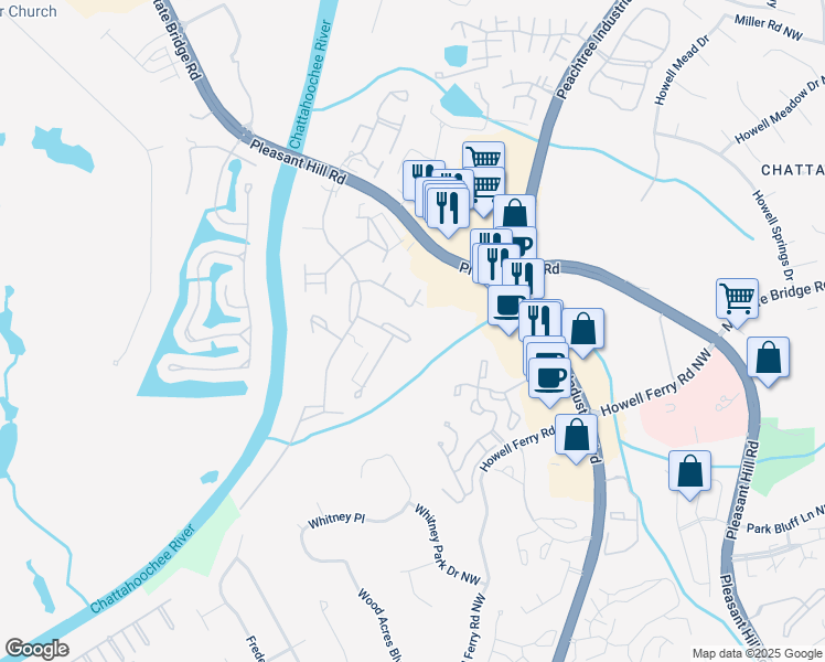 map of restaurants, bars, coffee shops, grocery stores, and more near 3786 Turnberry Court in Duluth
