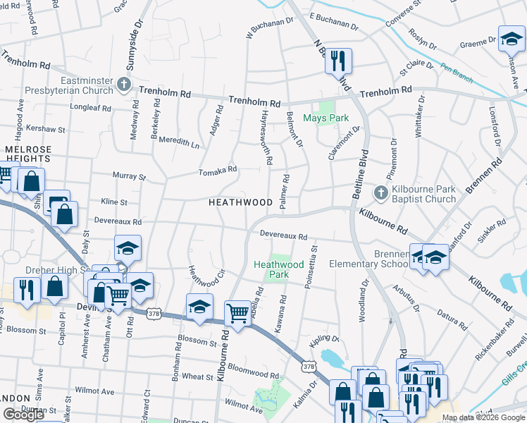 map of restaurants, bars, coffee shops, grocery stores, and more near 3816 Kilbourne Road in Columbia
