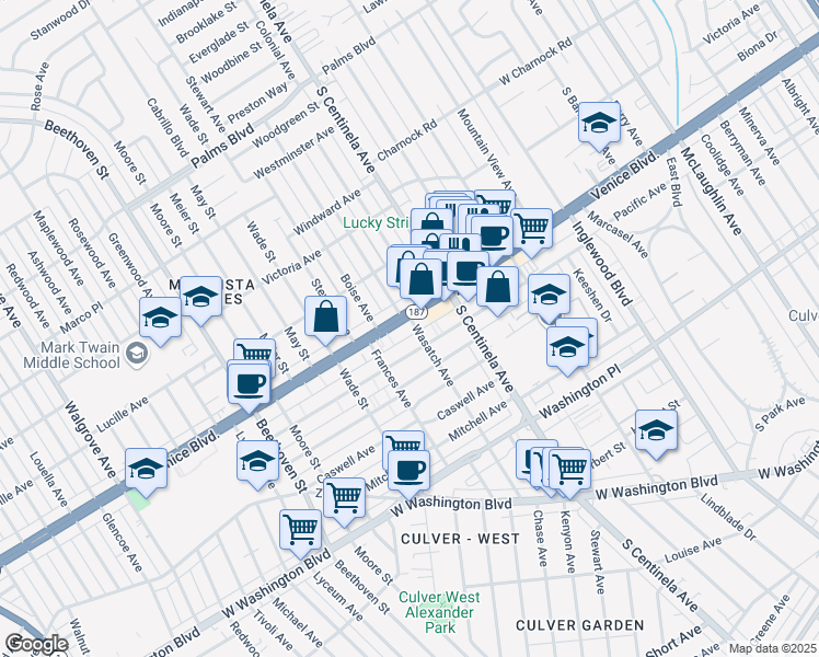 map of restaurants, bars, coffee shops, grocery stores, and more near 12504 Venice Boulevard in Los Angeles