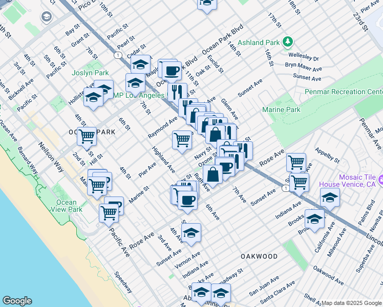 map of restaurants, bars, coffee shops, grocery stores, and more near 718 Marine Street in Santa Monica