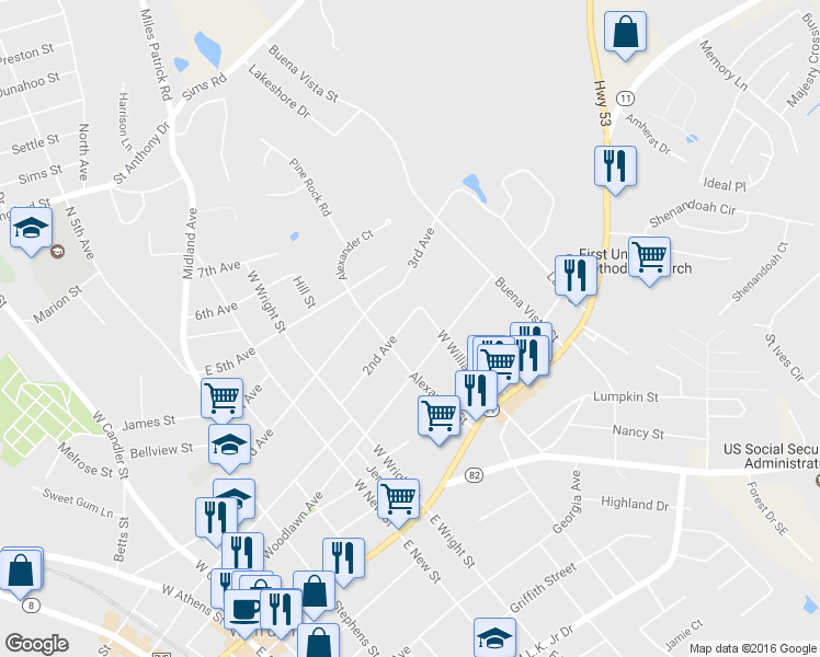 map of restaurants, bars, coffee shops, grocery stores, and more near 357 2nd Ave in Winder