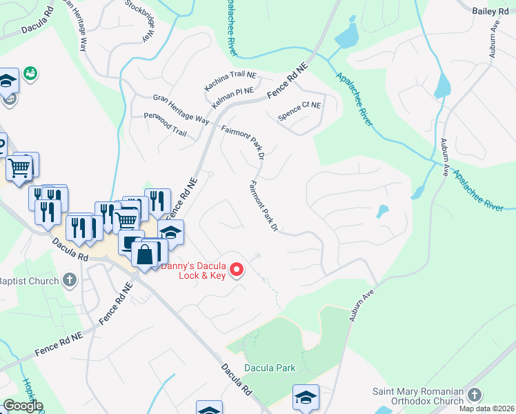 map of restaurants, bars, coffee shops, grocery stores, and more near 852 Fairmont Park Drive in Dacula