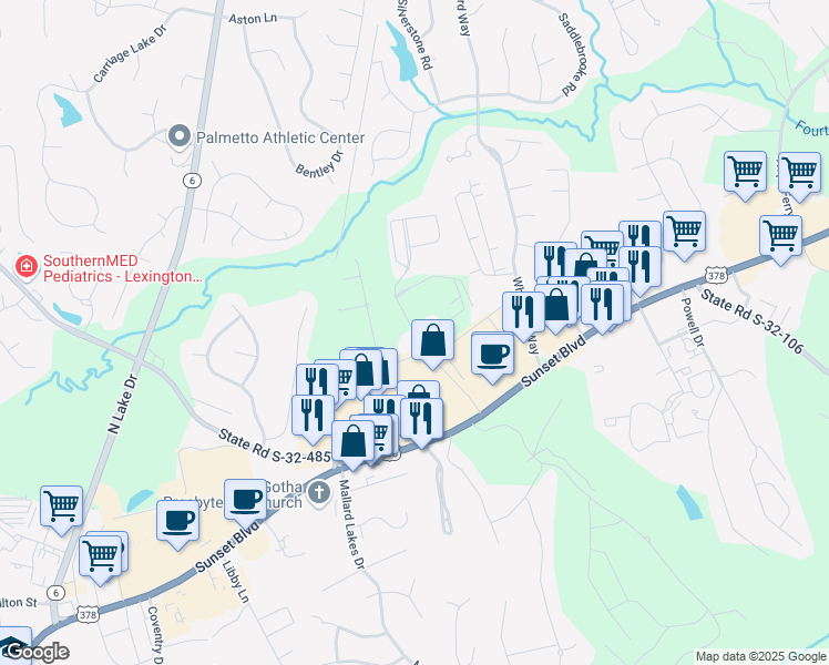 map of restaurants, bars, coffee shops, grocery stores, and more near 200 Caughman Farm Lane in Lexington