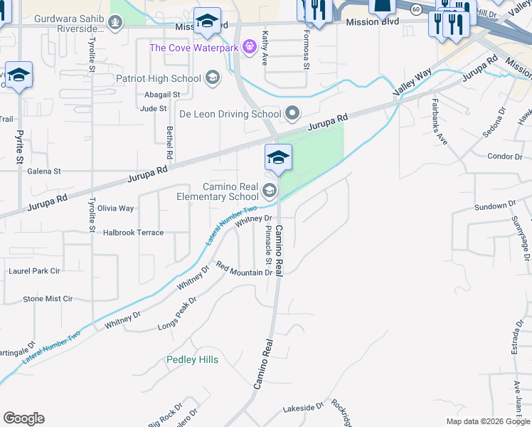 map of restaurants, bars, coffee shops, grocery stores, and more near 7503 Whitney Drive in Riverside