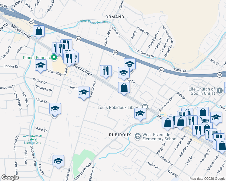 map of restaurants, bars, coffee shops, grocery stores, and more near 6014 Mission Boulevard in Riverside