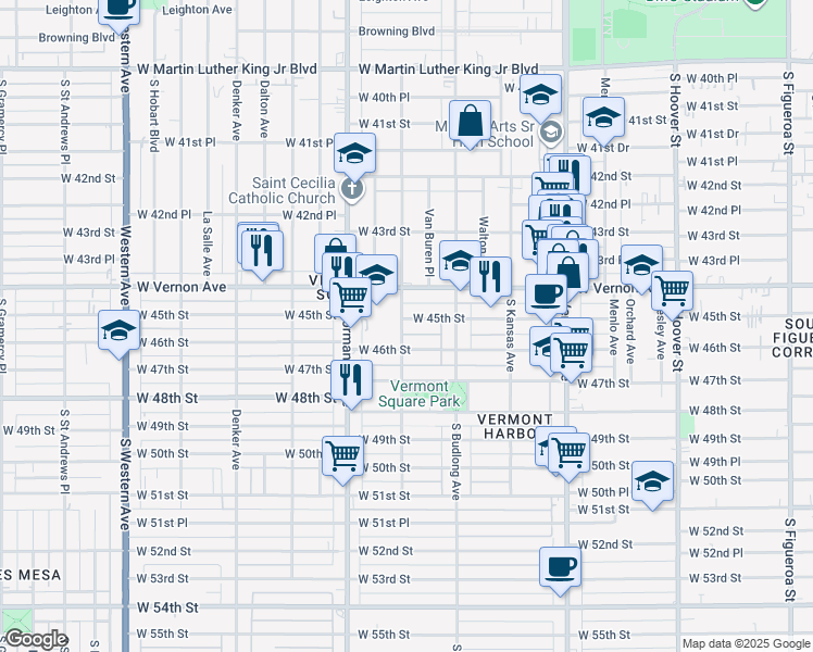 map of restaurants, bars, coffee shops, grocery stores, and more near 1256 West 45th Street in Los Angeles
