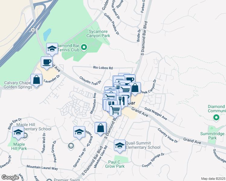 map of restaurants, bars, coffee shops, grocery stores, and more near 1080 Grand Avenue in Diamond Bar